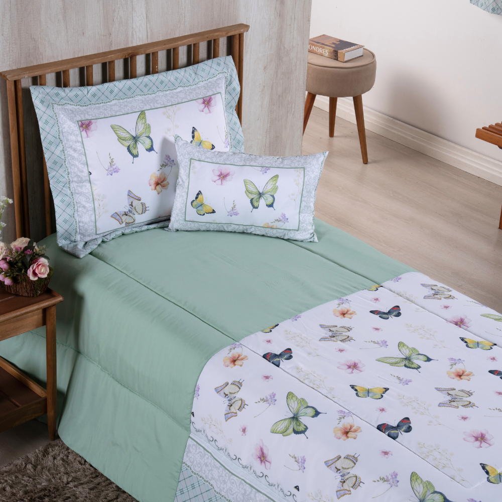 Kit Edredom Estampado Girl 4 Peças Solteiro 100% Poliéster 300 Fios Estampa Digital Borboletas