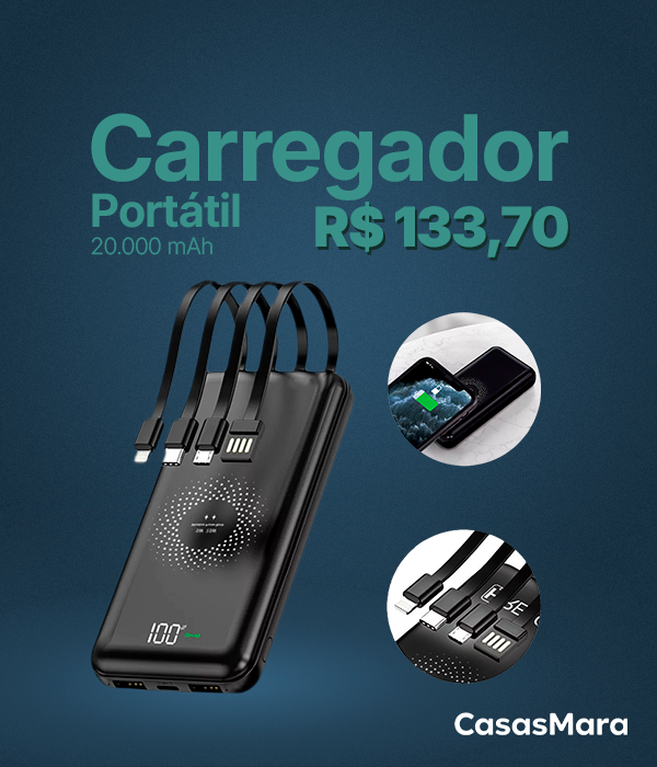 Carregador Portátil Sem Fio Indução Power Bank 20000mAh Cor:Preto