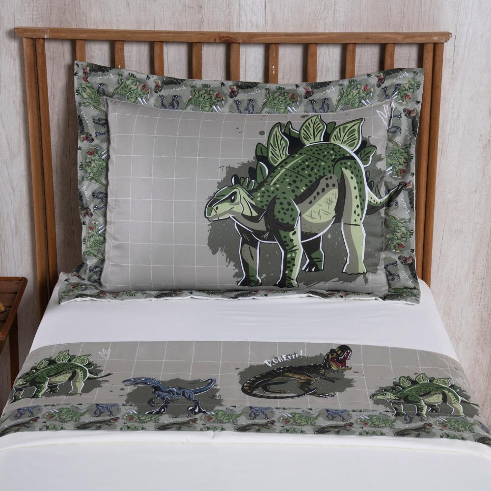 Jogo de Lençol Estampado Boy 3 Peças Solteiro 100% Poliéster 300 Fios Estampa Digital Dinos