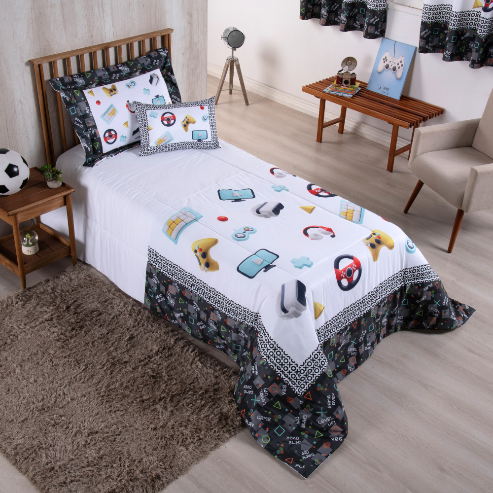 Kit Edredom Estampado Boy 4 Peças Solteiro 100% Poliéster 300 Fios Estampa Digital Jogos