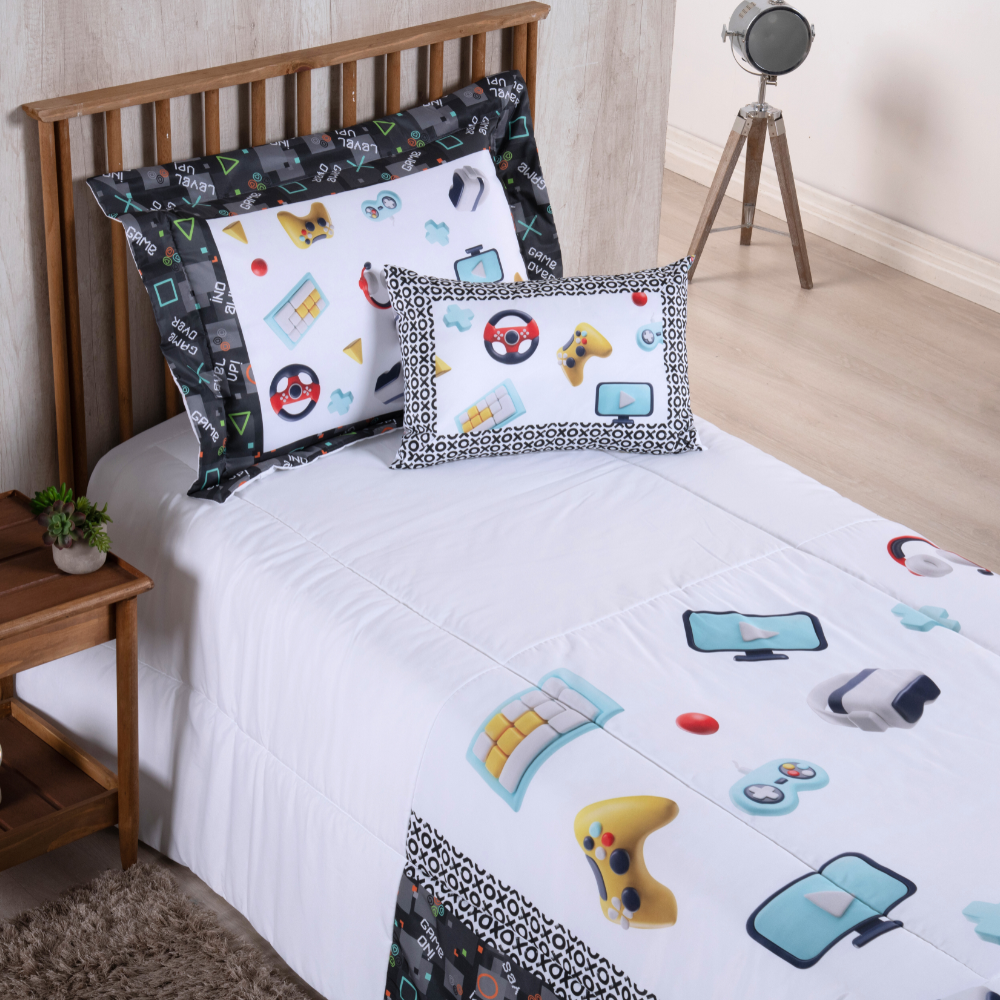 Kit Edredom Estampado Boy 4 Peças Solteiro 100% Poliéster 300 Fios Estampa Digital Jogos