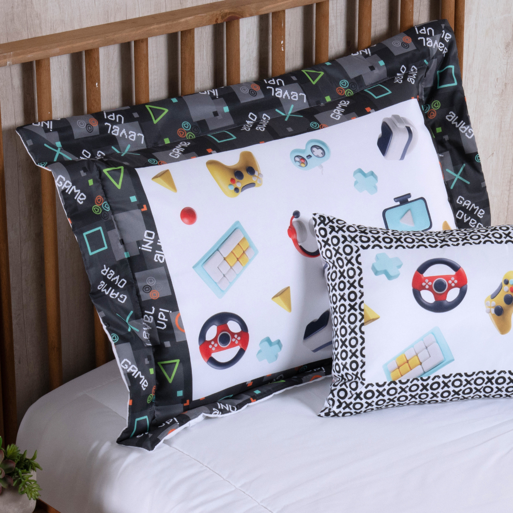 Kit Edredom Estampado Boy 4 Peças Solteiro 100% Poliéster 300 Fios Estampa Digital Jogos