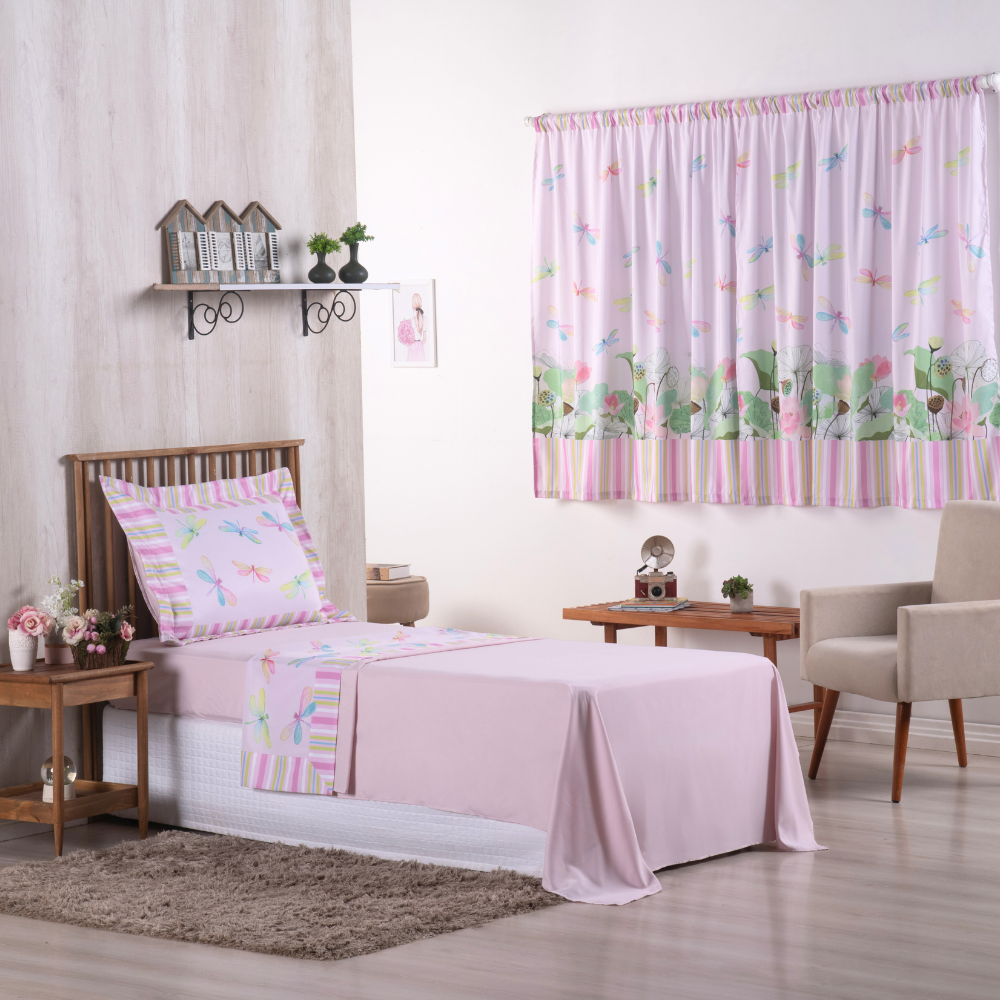 Jogo de Lençol Estampado Girl 3 Peças Solteiro 100% Poliéster 300 Fios Estampa Digital Libélulas