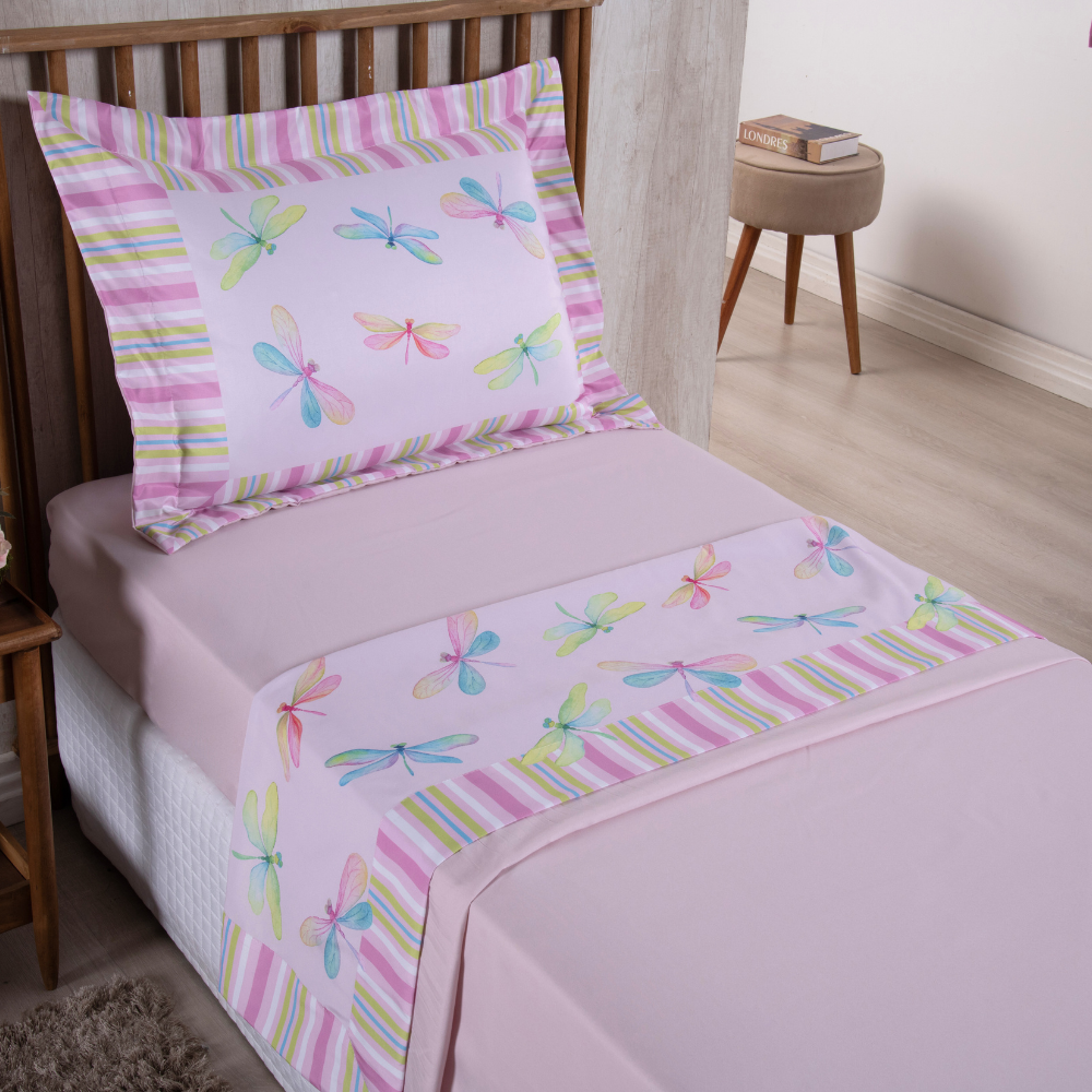 Jogo de Lençol Estampado Girl 3 Peças Solteiro 100% Poliéster 300 Fios Estampa Digital Libélulas