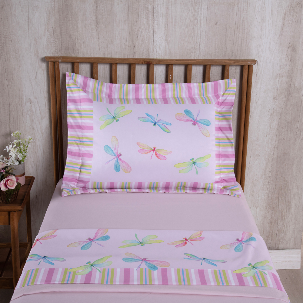 Jogo de Lençol Estampado Girl 3 Peças Solteiro 100% Poliéster 300 Fios Estampa Digital Libélulas