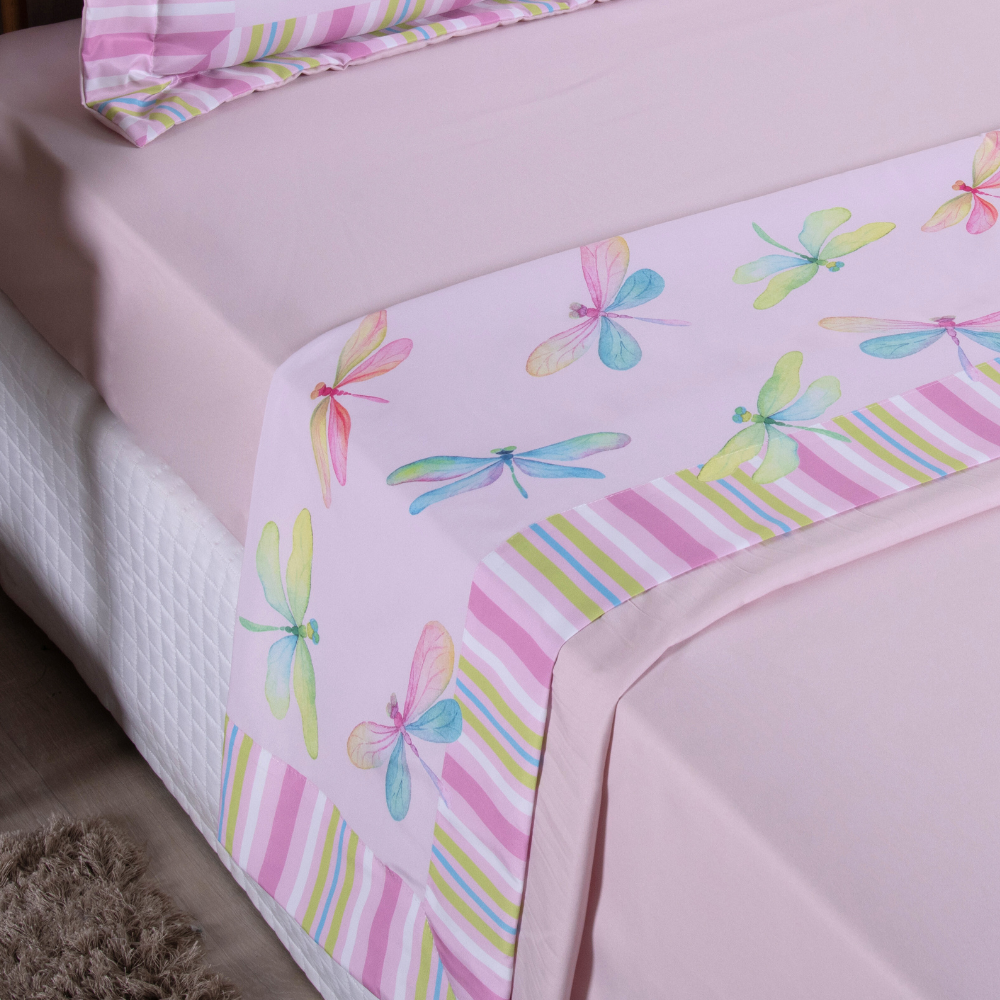 Jogo de Lençol Estampado Girl 3 Peças Solteiro 100% Poliéster 300 Fios Estampa Digital Libélulas